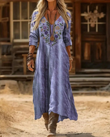 Elara | Damen Langarm Maxikleid mit Muster und V Ausschnitt in Lila