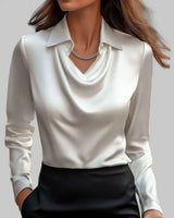 Lena | Elegante Satin-Wasserfallbluse für Damen Langarm V-Ausschnitt in Weiß