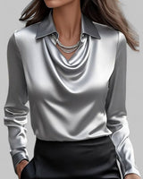 Lena | Elegante Satin-Wasserfallbluse für Damen Langarm V-Ausschnitt in Grau