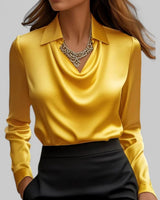 Lena | Elegante Satin-Wasserfallbluse für Damen Langarm V-Ausschnitt in Gelb