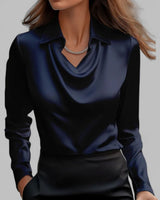 Lena | Elegante Satin-Wasserfallbluse für Damen Langarm V-Ausschnitt in Marineblau