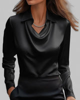 Lena | Elegante Satin-Wasserfallbluse für Damen Langarm V-Ausschnitt in Schwarz
