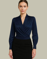 Amelie | Elegante Satin-Wickelbluse für Damen mit V-Ausschnitt langarm in Blau