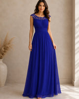 Elisabeth | Damen Florales Maxi Abendkleid mit V-Ausschnitt in Blau