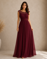 Elisabeth | Damen Florales Maxi Abendkleid mit V-Ausschnitt in Burgunderrot