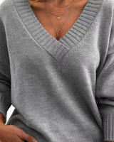 Elvira | Damen Oversize Strickpullover mit V Ausschnitt und Langarm in Grau