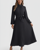 Emilia | Damen Plissee Midikleid Langarm in Schwarz