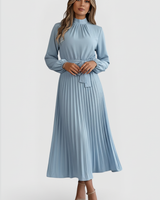 Emilia | Damen Plissee Midikleid Langarm in Hellblau