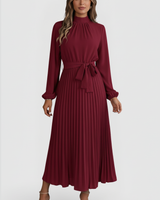 Emilia | Damen Plissee Midikleid Langarm in Rot