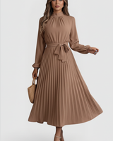 Emilia | Damen Plissee Midikleid Langarm in Khaki