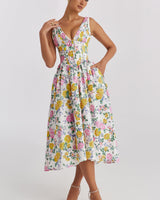 Elodie | Drapiert Hochzeitsgastkleid in Gelb Blumenmuster