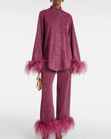 Claudia | Damen Glitzer Abendkleid Set Federärmel – Glitzer Set Federärmel 2026 in Rouge vin