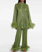Claudia | Damen Glitzer Abendkleid Set Federärmel – Glitzer Set Federärmel 2026 in Vert Foncé