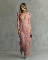 Esmeralda | Damen V-Ausschnitt Fransen Midikleid in Rosa