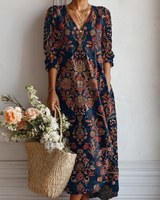 Esperanza | Damen Blumenkleid V-Ausschnitt Langarm Midi in Dunkelblau