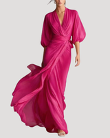 Estelle | Damen Wickel Maxikleid mit 3/4 Ärmeln in Fuchsia Rosa