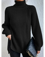 Esther | Damen Rollkragenpullover mit Strickmuster, Oversized Stil und Weitem Schnitt in Schwarz