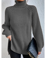 Esther | Damen Rollkragenpullover mit Strickmuster, Oversized Stil und Weitem Schnitt in Grau