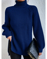 Esther | Damen Rollkragenpullover mit Strickmuster, Oversized Stil und Weitem Schnitt in Marineblau