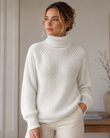 Esther | Damen Rollkragenpullover mit Strickmuster, Oversized Stil und Weitem Schnitt in Weiß