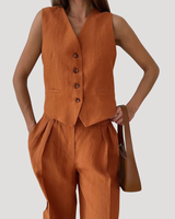 Evadne | Damen Ärmellose Weste Weit Hose Set in Orange