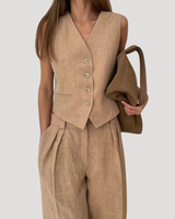 Evadne | Damen Ärmellose Weste Weit Hose Set in Khaki