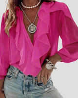 Evangelia | Damen V-Neck Rüschen Bluse mit Langarm in Rosa