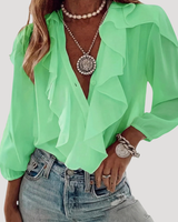 Evangelia | Damen V-Neck Rüschen Bluse mit Langarm in Grün