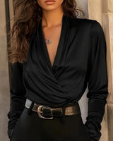 Evangeline | Damen Wickelbluse Langarm V-Ausschnitt in Schwarz
