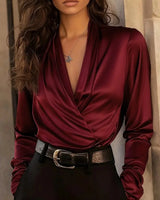 Evangeline | Damen Wickelbluse Langarm V-Ausschnitt in Rot