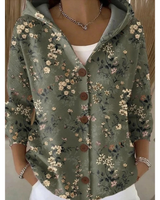 Eveline | Damen Strickjacke mit Kapuze, Knöpfen und Blumen Design in Dunkelgrün