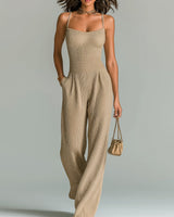 ElevenOra Stilvolles Kamel Strappy Ärmelloses Tailliertes Weites Bein Geripptes Strick-Jumpsuit in Kamel