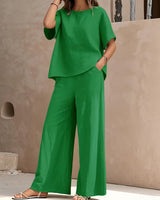 Josy – Set Aus Kurzärmeliger Bluse Und Hose mit Weitem Bein in Grün