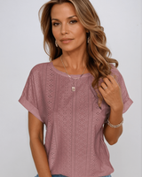 Celeste | Lochstickerei Rundhals Top in Hellbraun