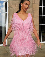 Wina - Luxuriöses Cocktailkleid mit Fransenbesatz in Rosa