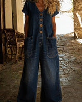 Denise | Denim-Overall mit V-Ausschnitt und kurzen Ärmeln in Dunkelblau