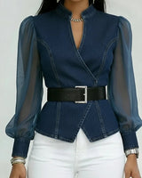 Thakshila - Strukturierte Jeans Bluse in Marineblau