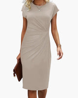Fabrizia | Damen Rundhals Kurzarm Midi Kleid in Beige