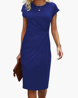 Fabrizia | Damen Rundhals Kurzarm Midi Kleid in Marine Blau