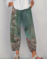Thimasha - Caprihose Im Vintage Blumenmuster Mit Elastischem Bund in Grün