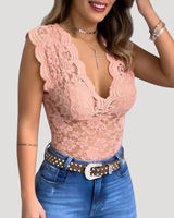 Felicia | Damen V-Ausschnitt Ärmellos Spitzentop in Rosa