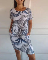 Damen Baumwolle Leinen Bedrucktes Sommerkleid mit Taschen in Weiß Stil 2