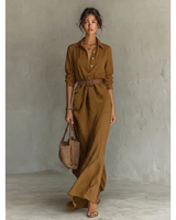 Fiona | Damen Langarm Maxikleid mit Knöpfen und Taillengürtel in Khaki