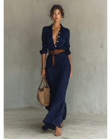 Fiona | Damen Langarm Maxikleid mit Knöpfen und Taillengürtel in Marineblau