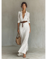 Fiona | Damen Langarm Maxikleid mit Knöpfen und Taillengürtel in Weiß