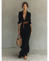 Fiona | Damen Langarm Maxikleid mit Knöpfen und Taillengürtel in Schwarz