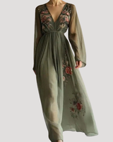 Fiona | Damen V-Ausschnitt Blumen Maxikleid mit Empire-Taille in Grün