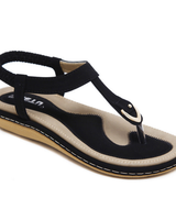 Flache Damen-Sandalen mit T-Riemen und Metalldetail in Schwarz