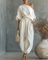 Franziska | Damen Schulterfreies Langarm Outfit Set in Weiß