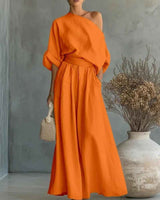 Franziska | Damen Schulterfreies Langarm Outfit Set in Orange